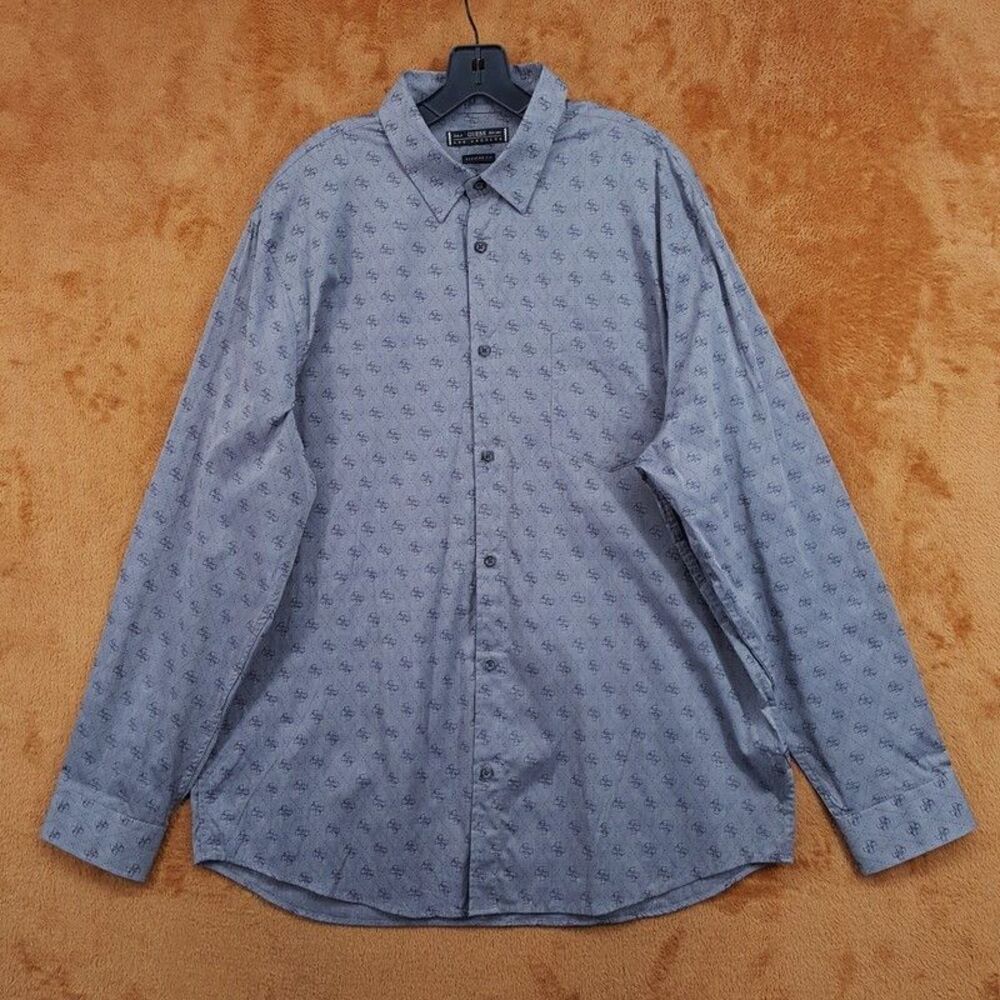 GUESS Button Shirt Mens XXL Grey Jacquard Logo Monogram Regular Fit Pocket